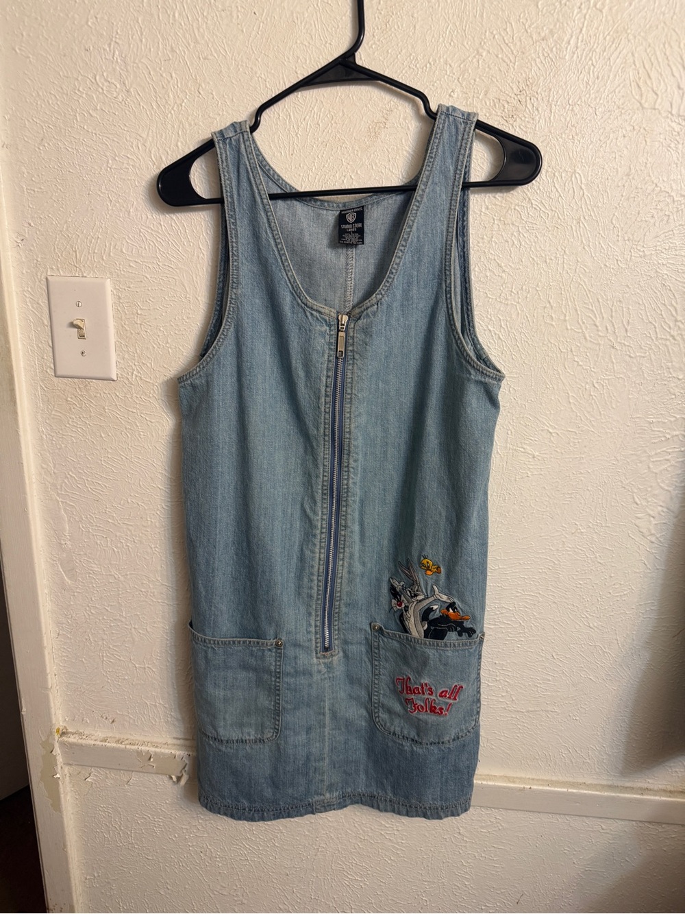Vintage 1990s Looney Tunes Denim Zip-Front Women’s Dress - Light Blue